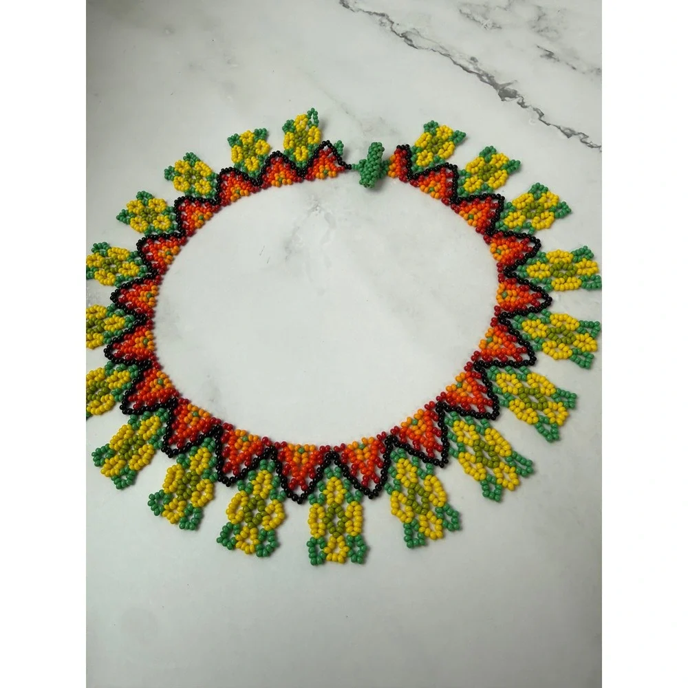 Handmade Artesanal Colorful Beaded Necklace Yellow Green Orange